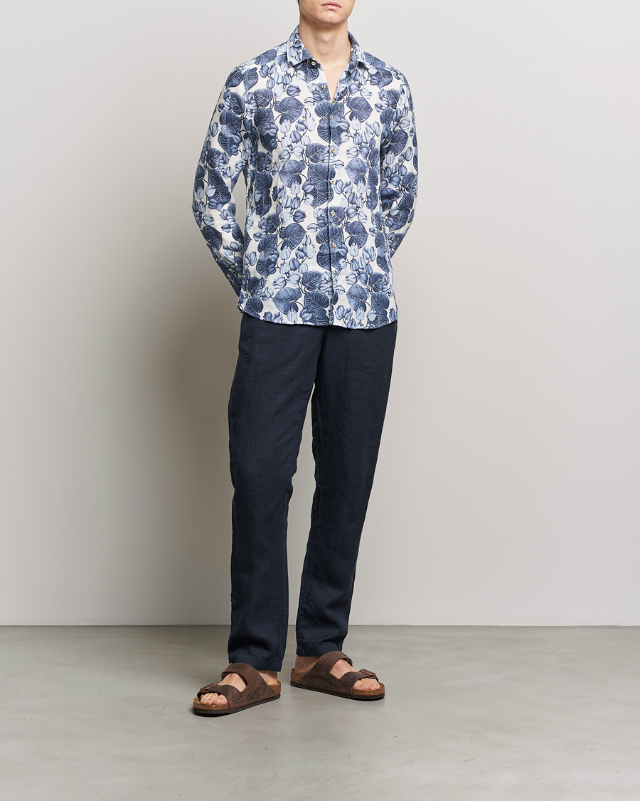 Herren | Hemden | Stenströms | Slimline Cut Away Printed Flower Linen Shirt Blue