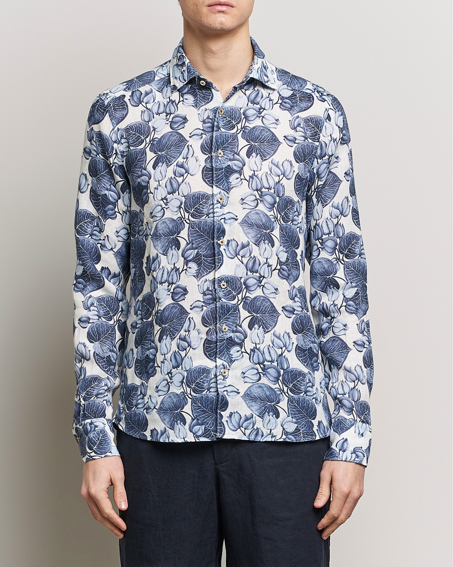 Herren | Hemden | Stenströms | Slimline Cut Away Printed Flower Linen Shirt Blue