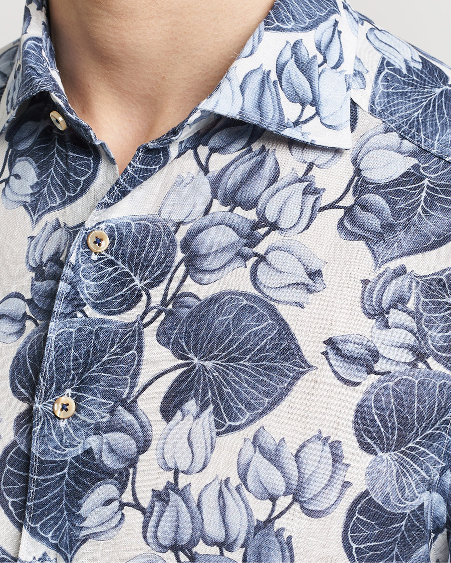 Herren | Hemden | Stenströms | Slimline Cut Away Printed Flower Linen Shirt Blue