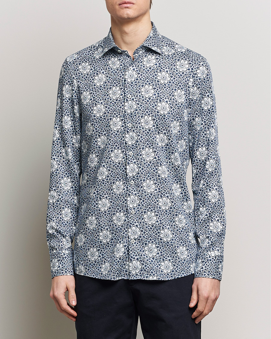 Herren | Hemden | Stenströms | Slimline Cut Away Printed Viscose Shirt Blue
