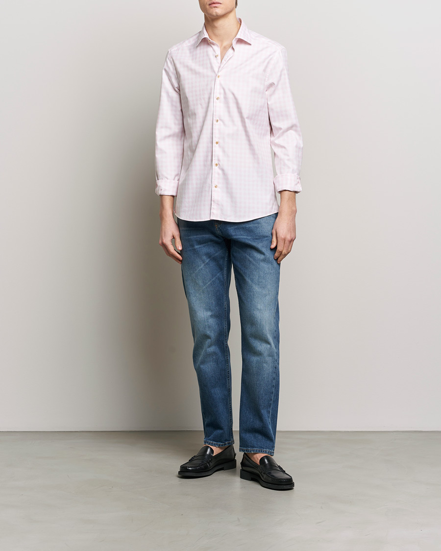 Herren | Hemden | Stenströms | Slimline Checked Washed Cotton Shirt Pink