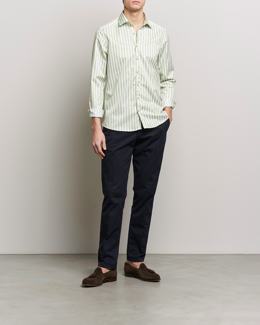 Herren | Hemden | Stenströms | Slimline Large Stripe Washed Cotton Shirt Green