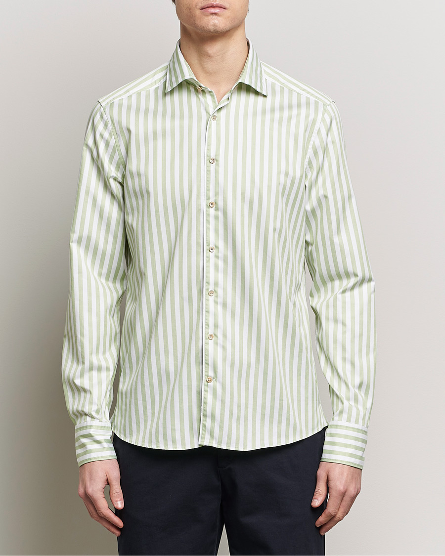 Herren | Hemden | Stenströms | Slimline Large Stripe Washed Cotton Shirt Green