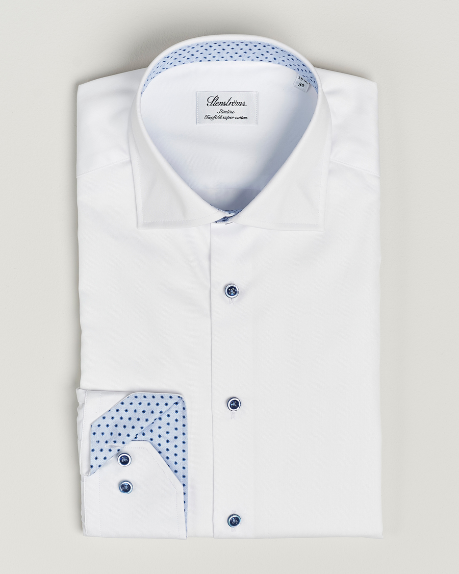 Herren | Hemden | Stenströms | Slimline Cut Away Print Contrast Shirt White
