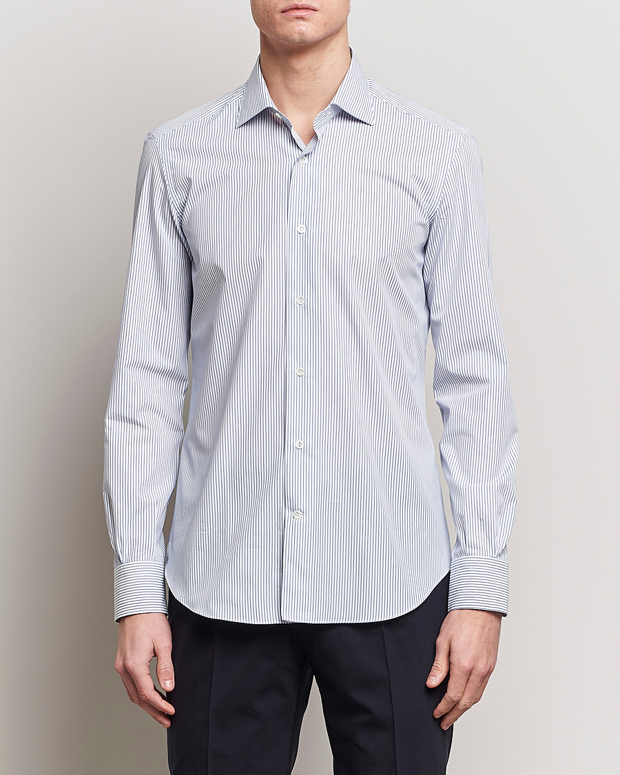 Herren | Italian Department | Mazzarelli | Soft Cotton Cut Away Shirt Blue Pinstripe