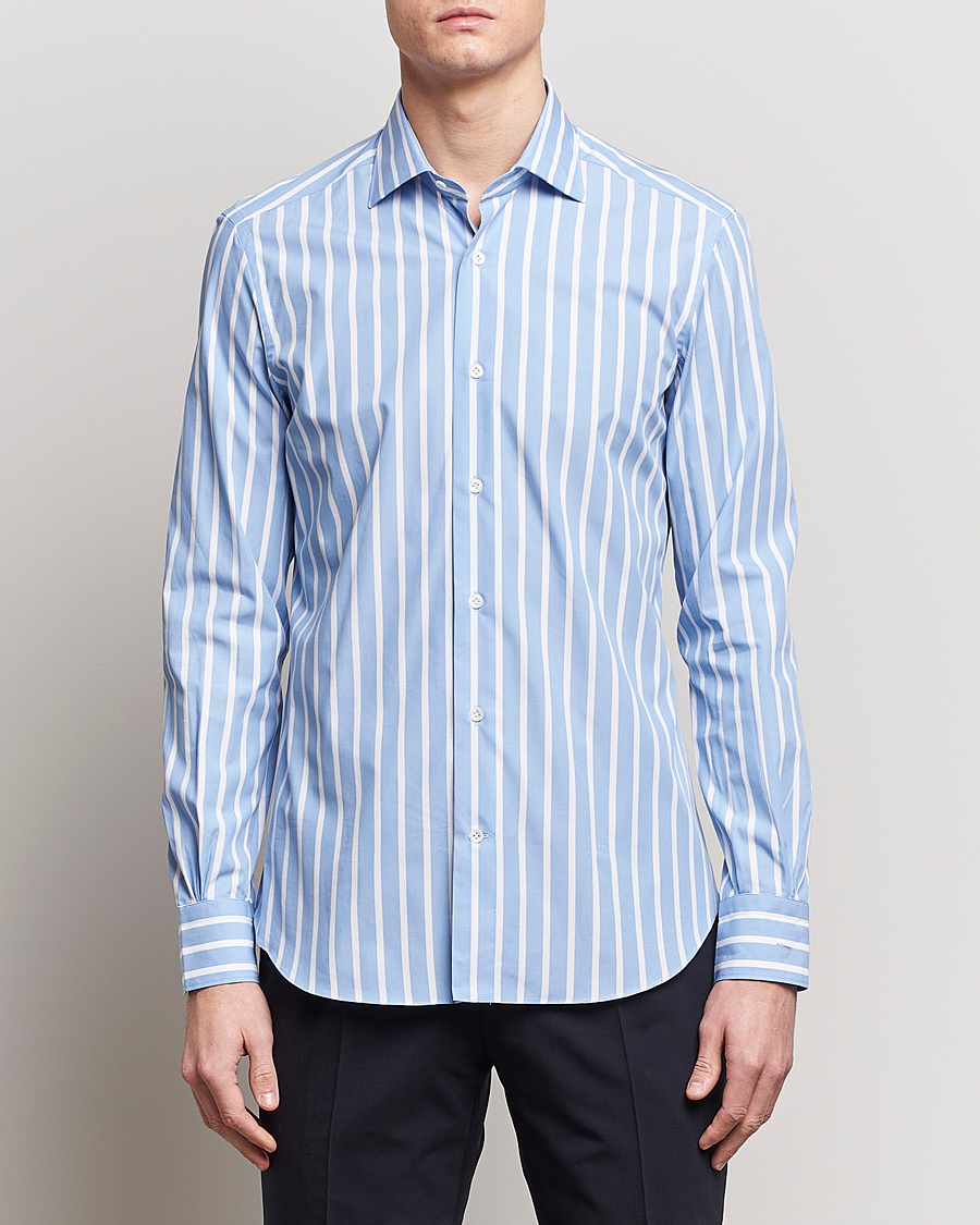 Herren | Formal Wear | Mazzarelli | Soft Cotton Cut Away Shirt Blue/White Stripe