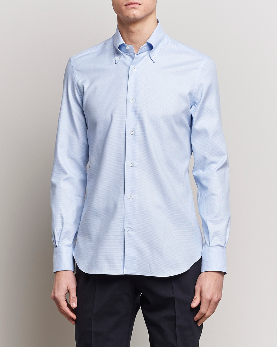 Herren | Freizeithemden | Mazzarelli | Soft Cotton Texture Button Down Shirt Light Blue
