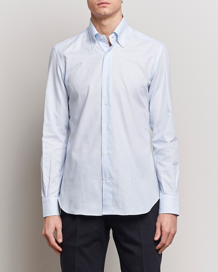 Herren | Oxfordhemden | Mazzarelli | Soft Oxford Button Down Shirt Light Blue Stripe
