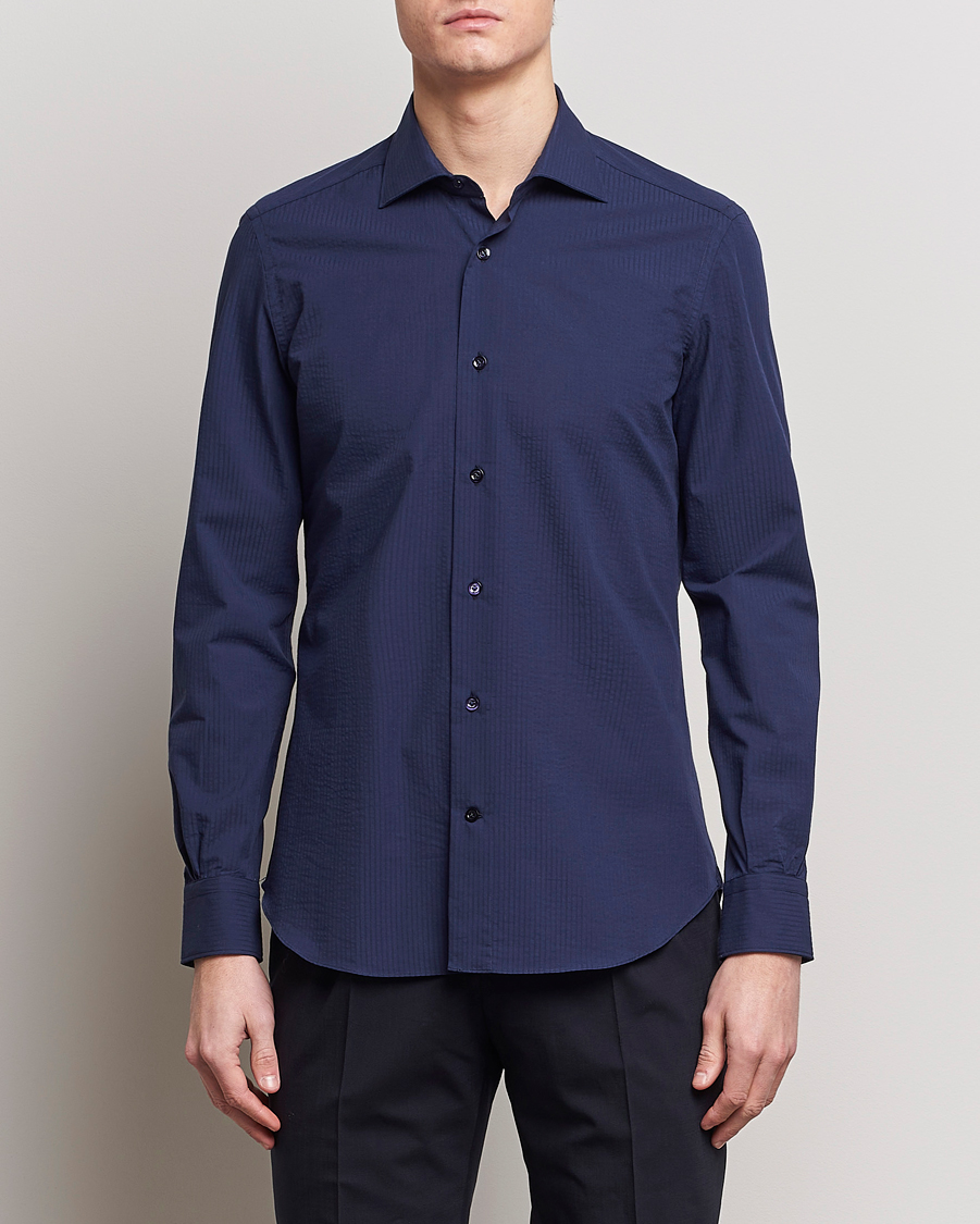 Herren | Hemden | Mazzarelli | Soft Tonal Seersucker Shirt Navy