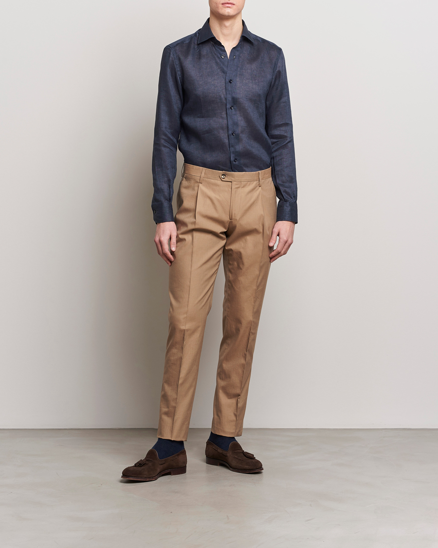 Herren | Hemden | Mazzarelli | Soft Linen Cut Away Shirt Navy