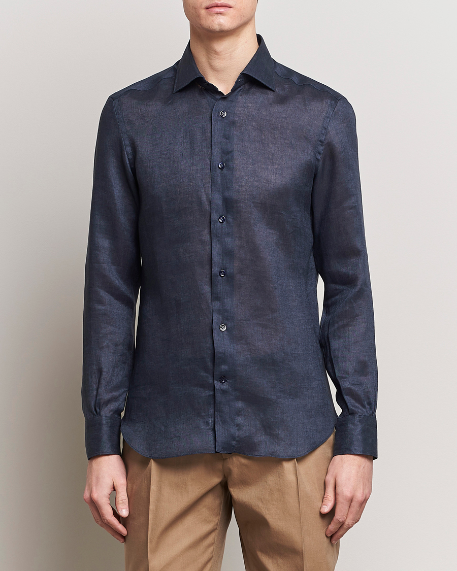 Herren | Hemden | Mazzarelli | Soft Linen Cut Away Shirt Navy