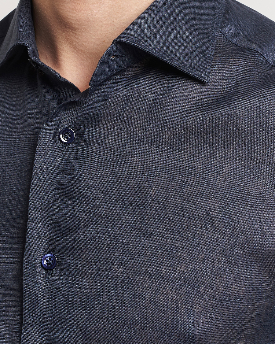 Herren | Hemden | Mazzarelli | Soft Linen Cut Away Shirt Navy