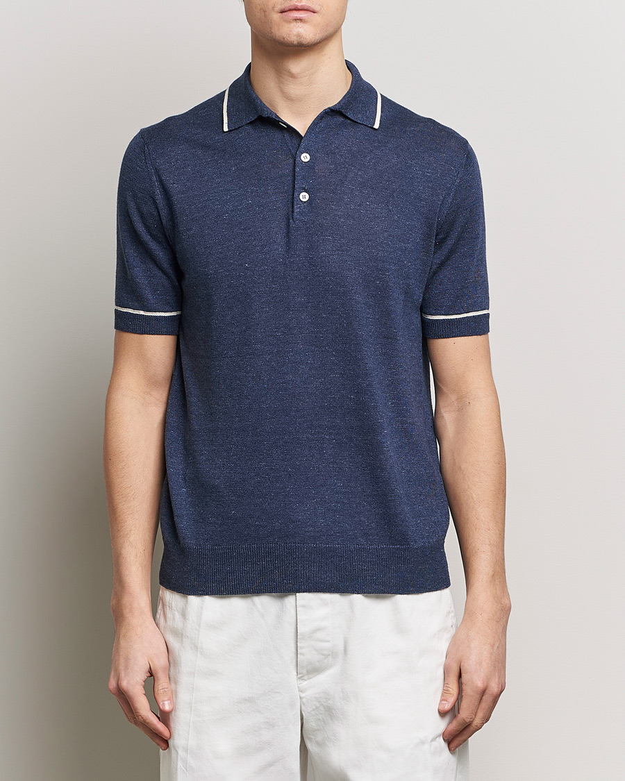Herren | Kurzarm-Poloshirts | Altea | Linen/Cashmere Contrast Polo Navy