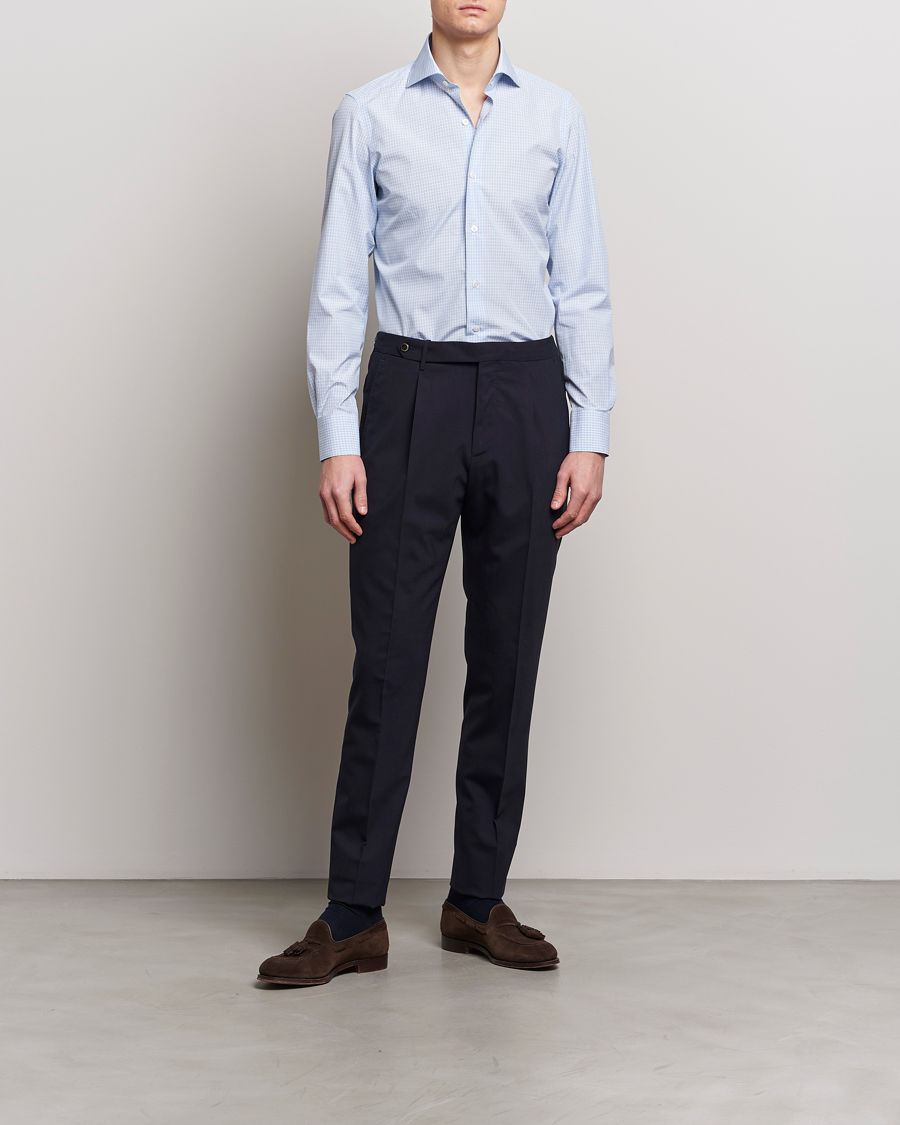 Herren | Italian Department | Finamore Napoli | Milano Slim Checked Dress Shirt Light Blue