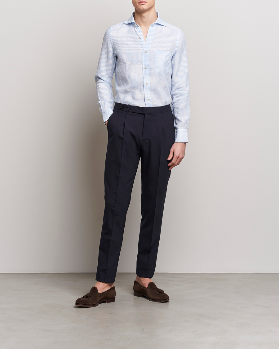 Herren | Hemden | Finamore Napoli | Gaeta Striped Linen Pocket Shirt Light Blue