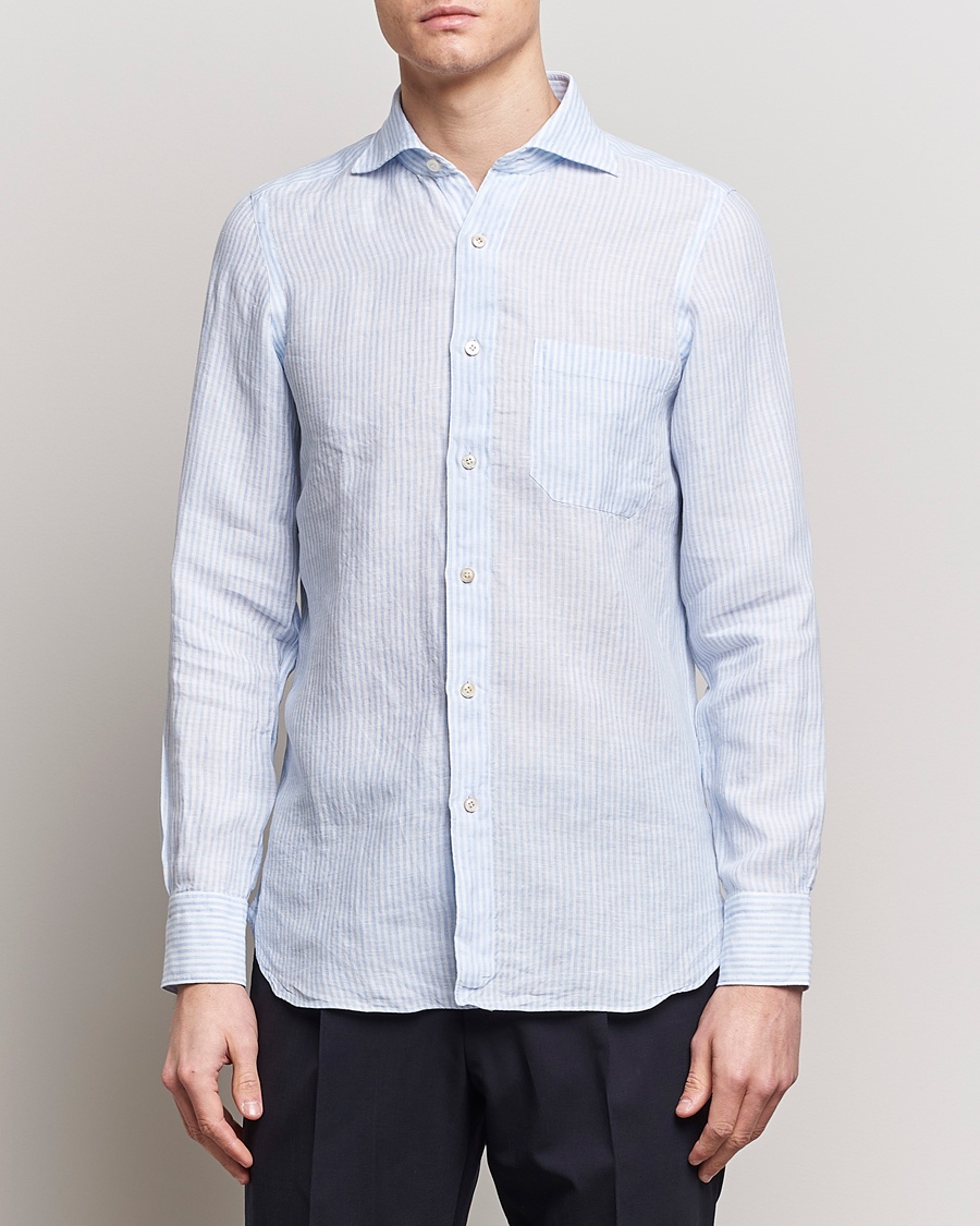 Herren | Kategorie | Finamore Napoli | Gaeta Striped Linen Pocket Shirt Light Blue