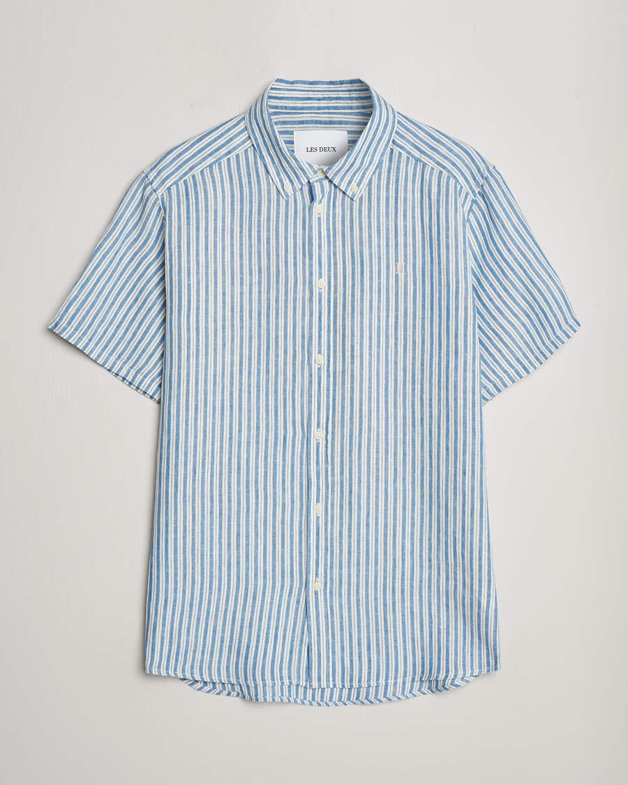 Herren | Hemden | LES DEUX | Kris Linen Striped Short Sleeve Shirt Blue/Ivory