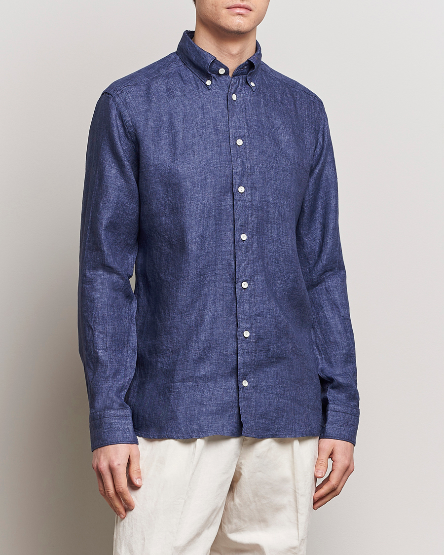 Herren | Kategorie | Eton | Slim Fit Linen Button Down Shirt Navy Blue