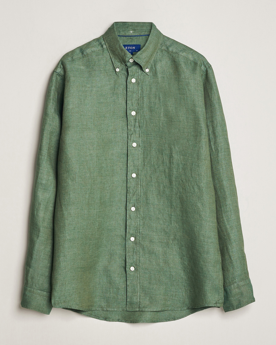 Herren | Hemden | Eton | Slim Fit Linen Button Down Shirt Dark Green