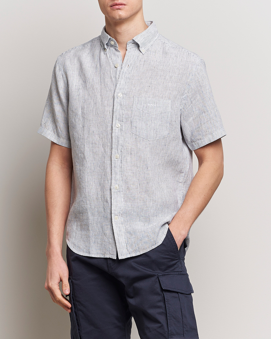 Herren | Hemden | Gant | Regular Fit Striped Linen Short Sleeve Shirt White/Blue