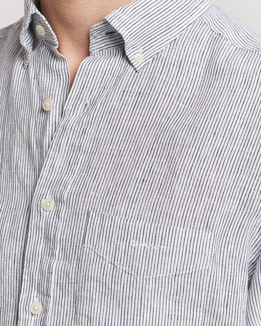 Herren | Hemden | Gant | Regular Fit Striped Linen Short Sleeve Shirt White/Blue