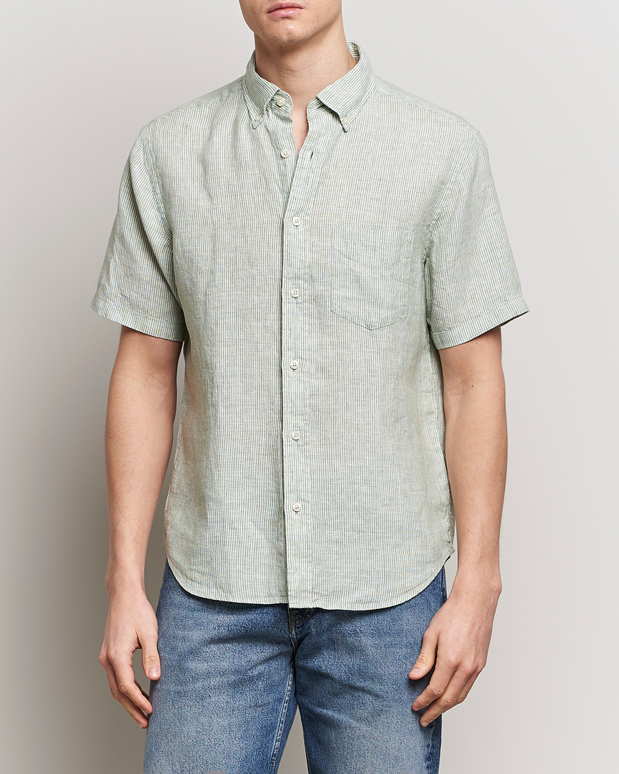 Herren | Hemden | Gant | Regular Fit Striped Linen Short Sleeve Shirt Green/White
