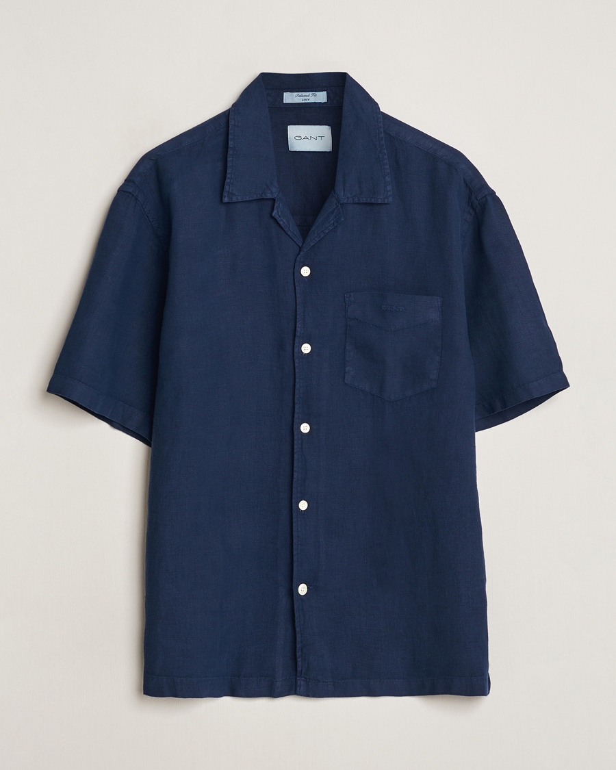 Herren | Hemden | GANT | Relaxed Fit Linen Resort Short Sleeve Shirt Marine
