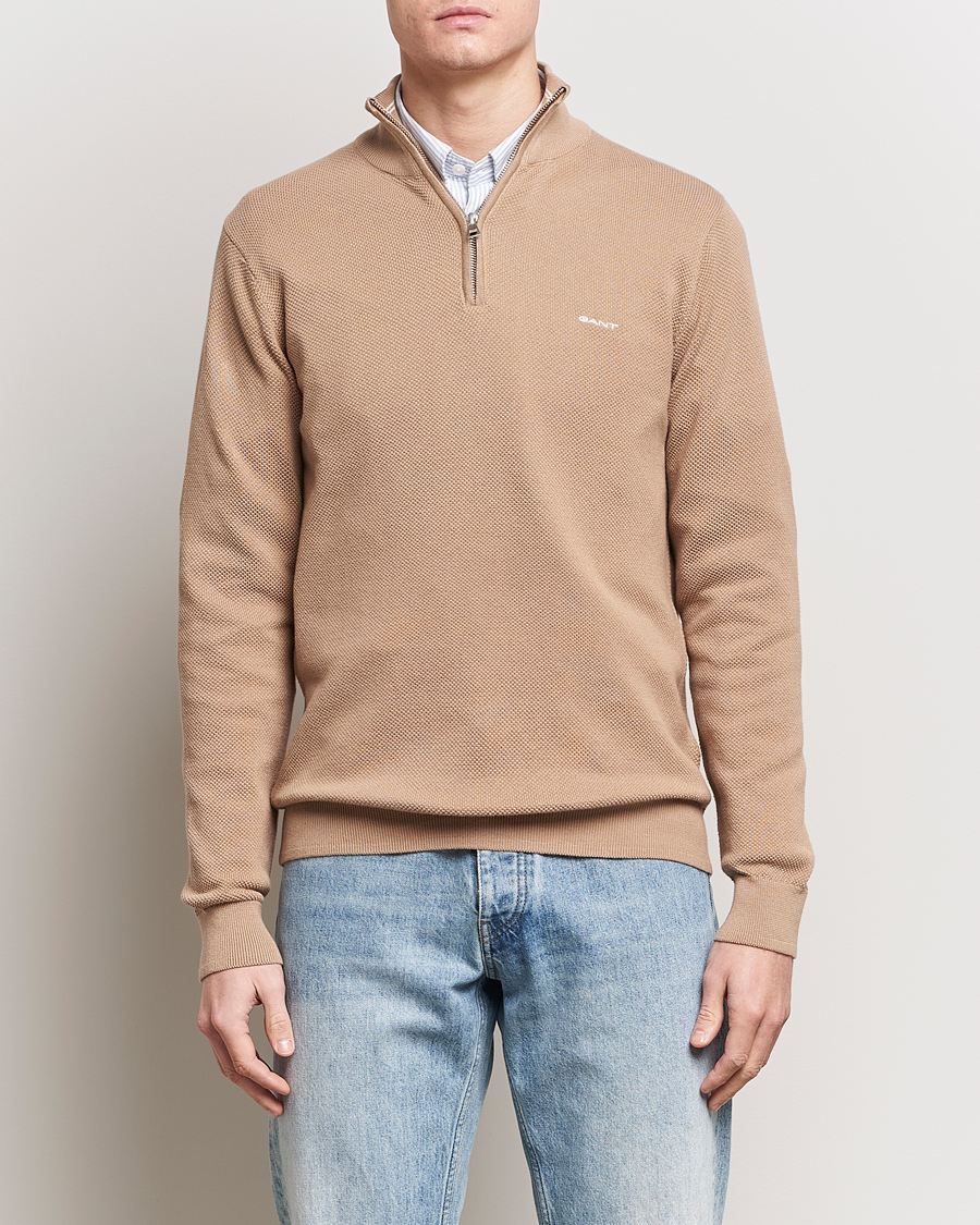 Herren | Preppy Authentic | GANT | Cotton Pique Half-Zip Sweater Dark Khaki