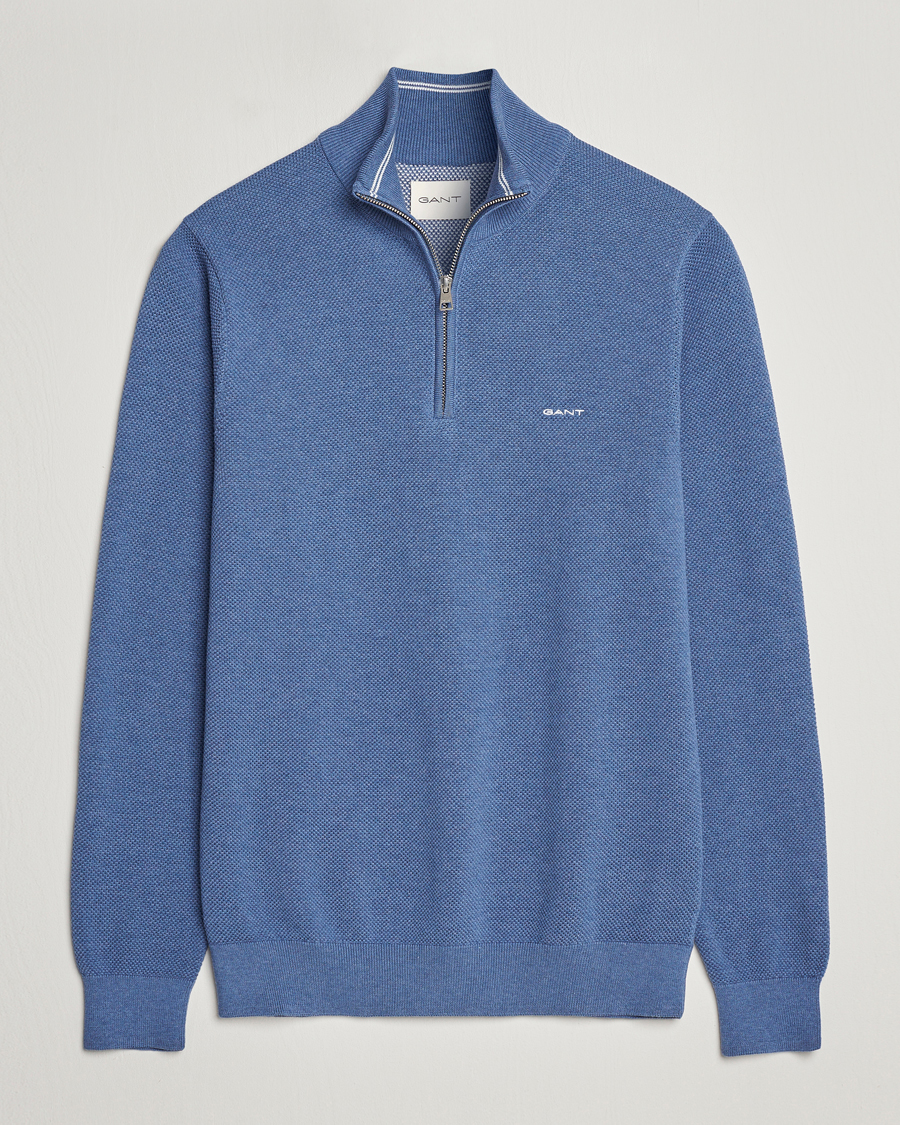 Herren | Pullover | GANT | Cotton Pique Half-Zip Sweater Denim Blue Melange