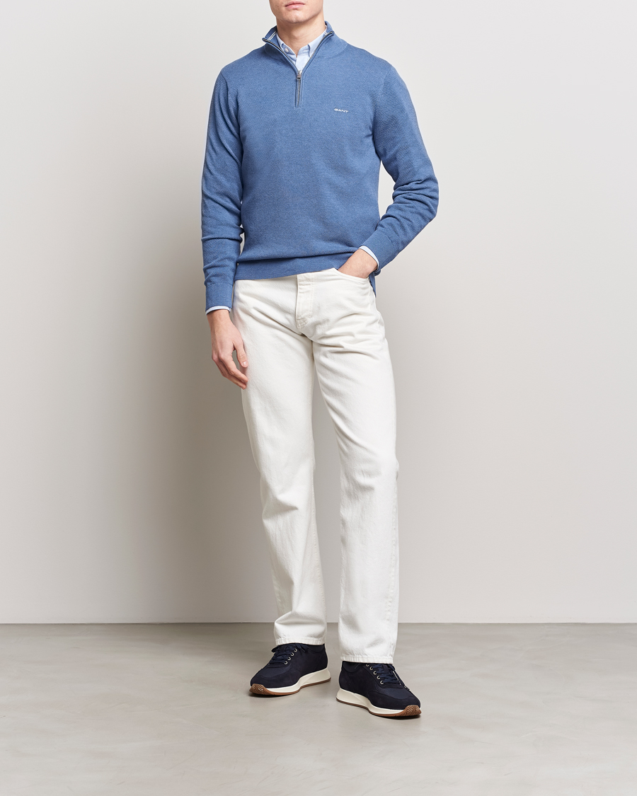 Herren | Pullover | GANT | Cotton Pique Half-Zip Sweater Denim Blue Melange