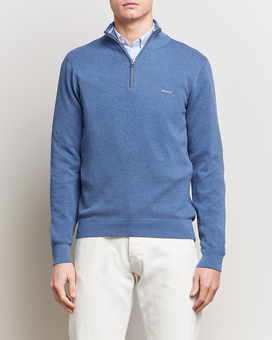 Herren | Preppy Authentic | GANT | Cotton Pique Half-Zip Sweater Denim Blue Melange