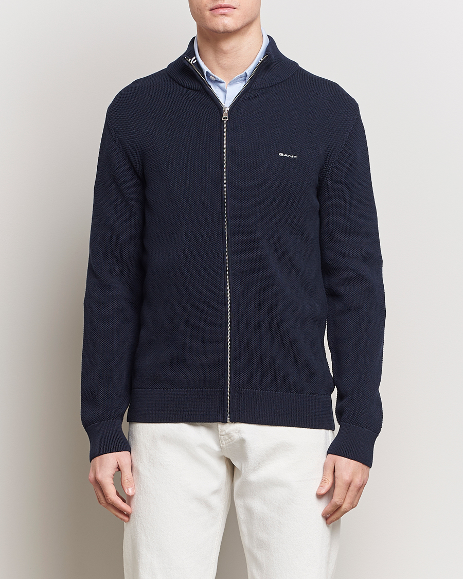 Herren | 20% sale | GANT | Cotton Pique Full-Zip Sweater Evening Blue
