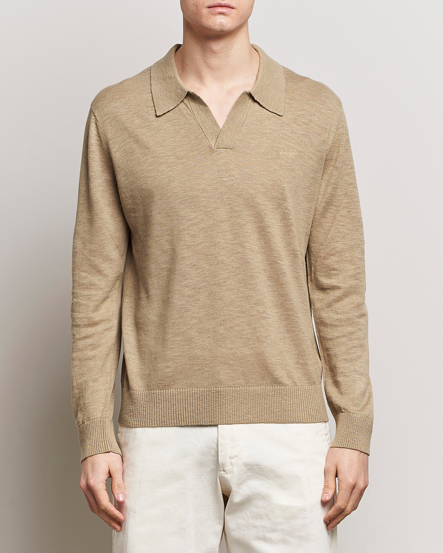 Herr | GANT | GANT | Cotton/Linen Knitted Polo Dried Clay
