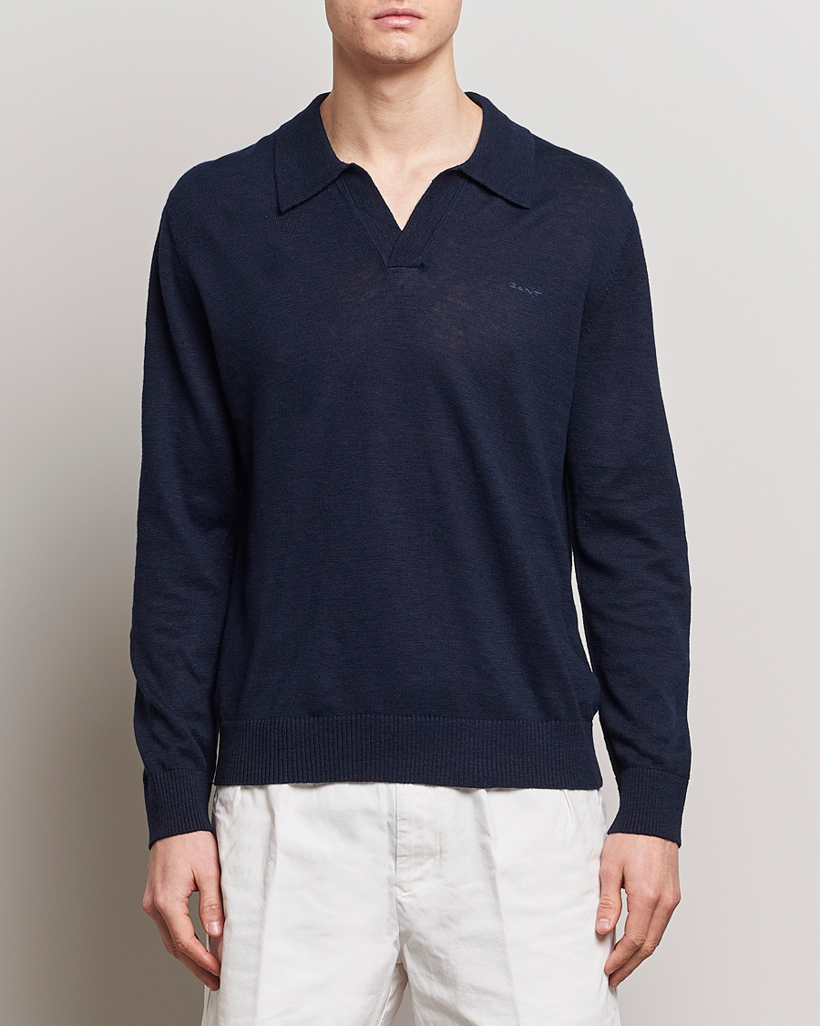 Herren | Bestickte Polohemden | GANT | Cotton/Linen Knitted Polo Evening Blue