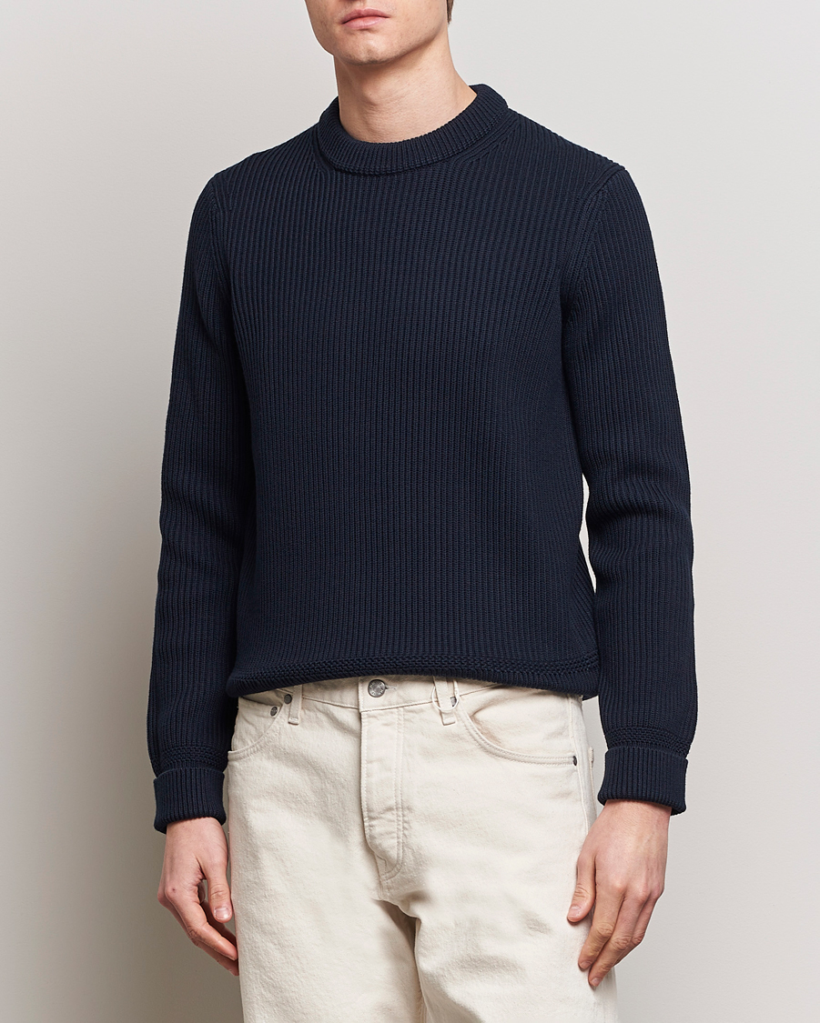 Herr | Preppy Authentic | Morris | Arthur Navy Cotton/Merino Knitted Sweater Navy