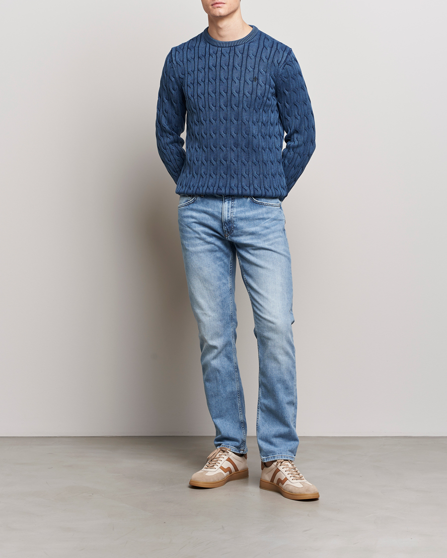 Herren | Pullover | Morris | Ethan Cotton Cable Crew Neck Blue