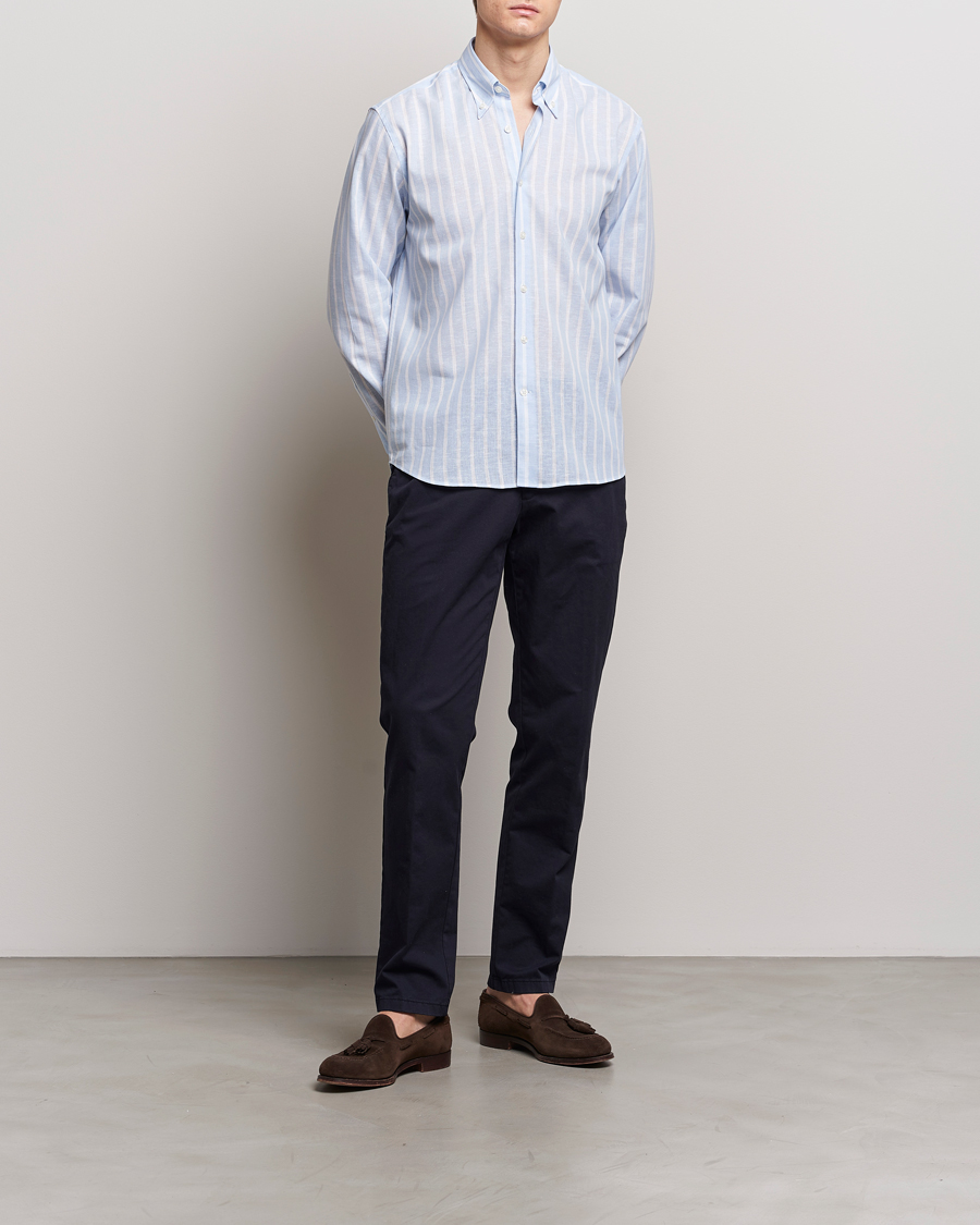 Herren | Hemden | Oscar Jacobson | Regular Fit Striped Linen Shirt Light Blue