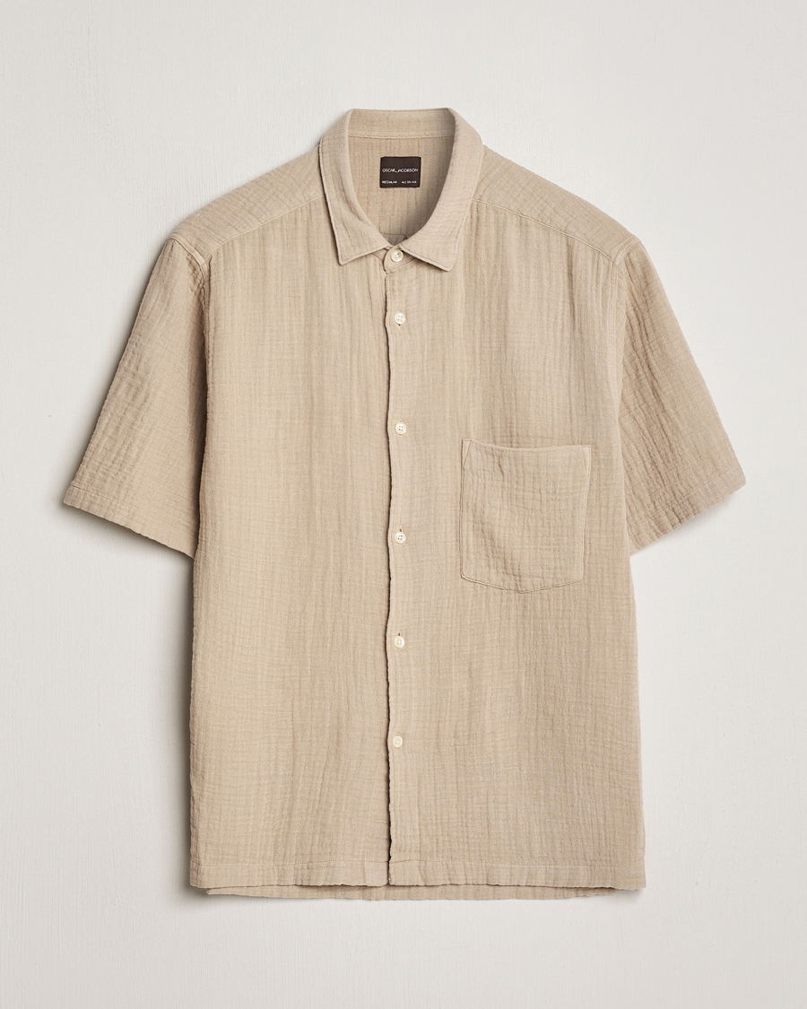 Herren | Hemden | Oscar Jacobson | Short Sleeve City Crepe Cotton Shirt Beige