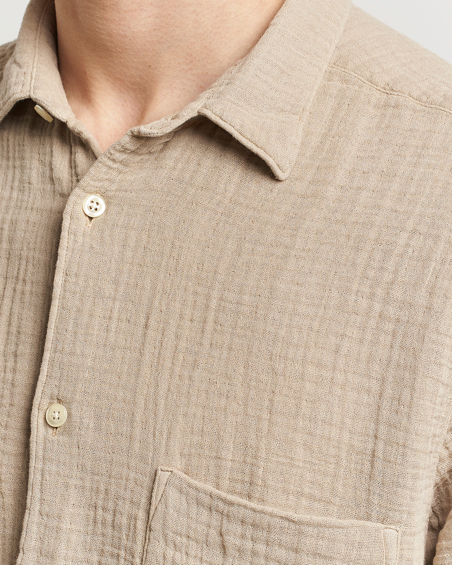 Herren | Hemden | Oscar Jacobson | Short Sleeve City Crepe Cotton Shirt Beige
