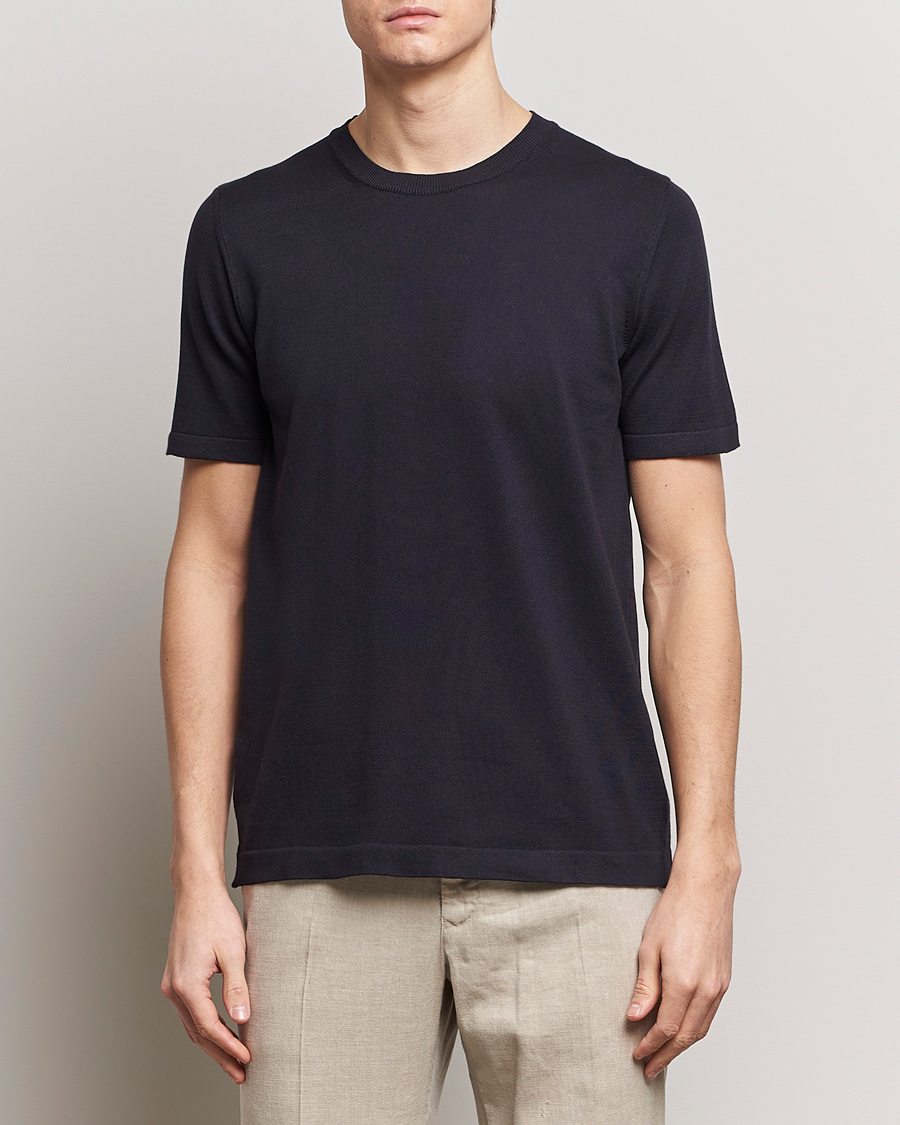Herren | Kurzarm T-Shirt | Oscar Jacobson | Brian Knitted Cotton T-Shirt Navy
