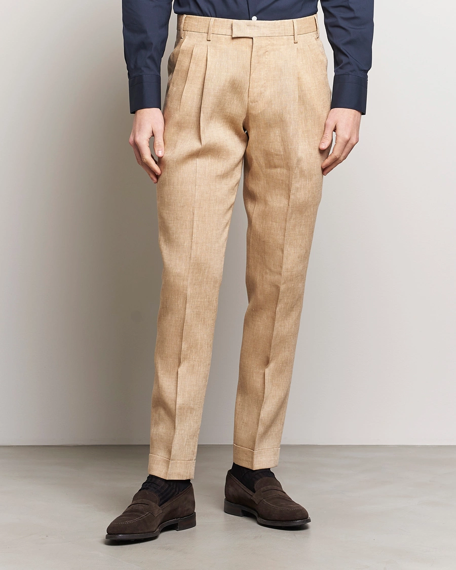 Herr |  | PT01 | Slim Fit Pleated Linen Trousers Light Beige