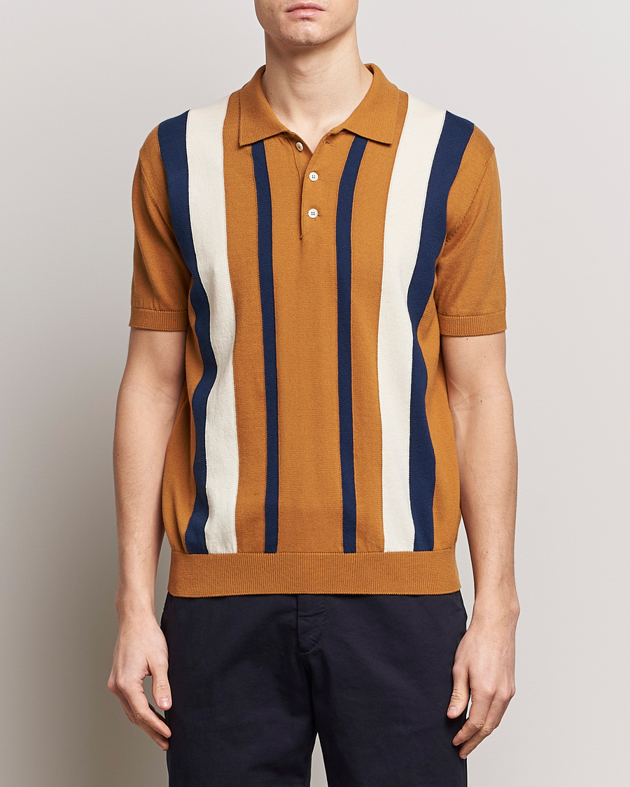 Herren | Best of British | Baracuta | Stripe Knitted Short Sleeve Polo Pumpkin Spice