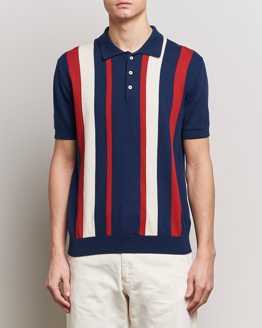 Herren | Poloshirts | Baracuta | Stripe Knitted Short Sleeve Polo Navy