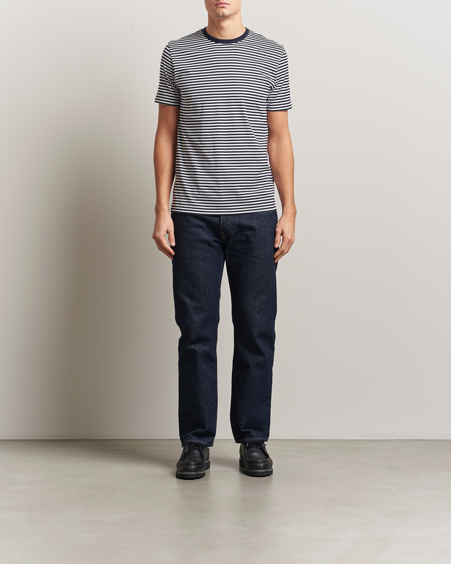 Herren | T-Shirts | Sunspel | Striped Crew Neck Q82 Cotton T-Shirt White/Navy