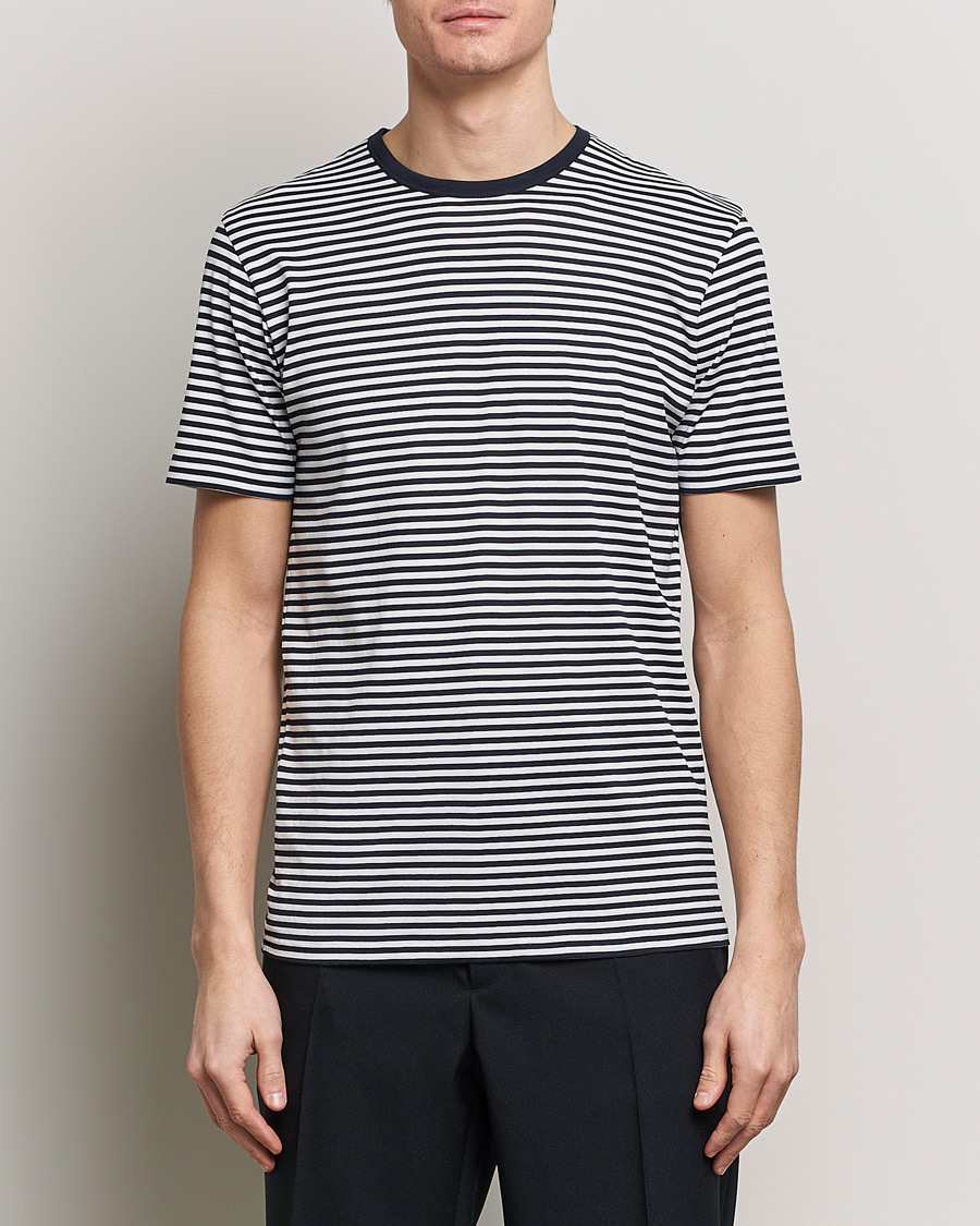 Herren | Kurzarm T-Shirt | Sunspel | Striped Crew Neck Cotton Tee White/Navy