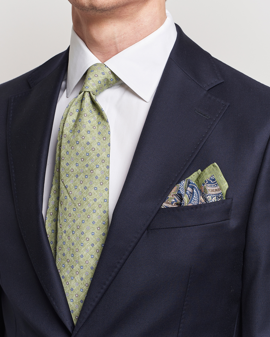 Men | Ties | Amanda Christensen | Box Set Printed Linen 8cm Tie With Pocket Square Green