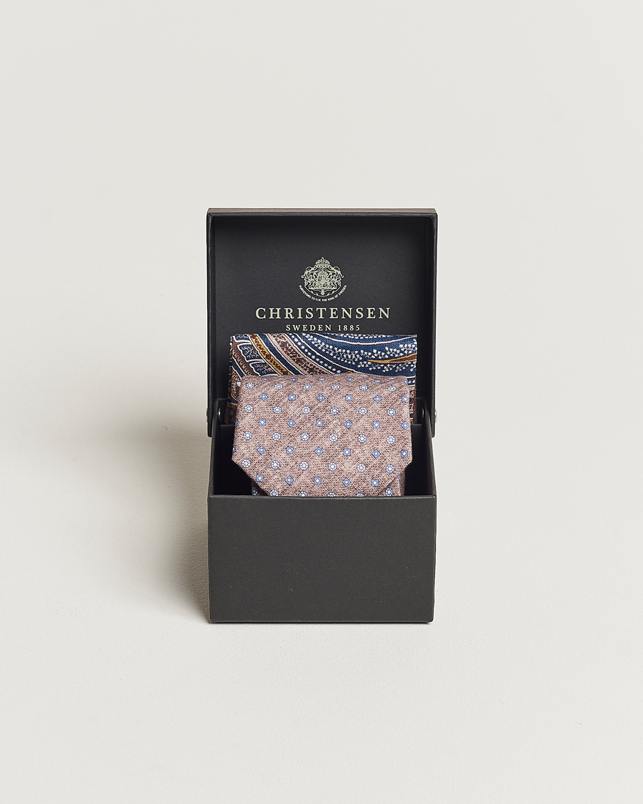 Herren | Amanda Christensen Box Set Printed Linen 8cm Tie With Pocket Square Brown | Amanda Christensen | Box Set Printed Linen 8cm Tie With Pocket Square Brown