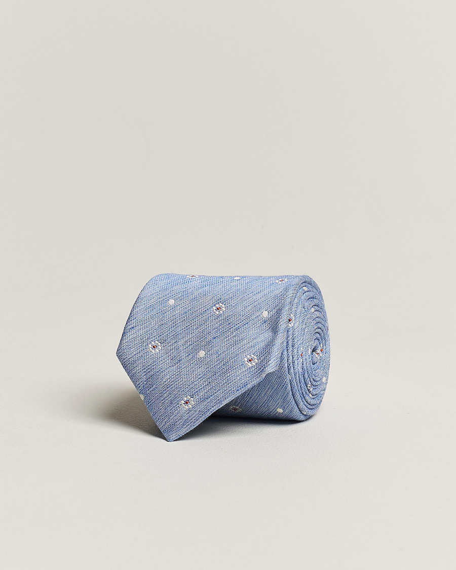 Herren | Amanda Christensen Cotton/Silk/Linen Printed Flower 8cm Tie Blue | Amanda Christensen | Cotton/Silk/Linen Printed Flower 8cm Tie Blue
