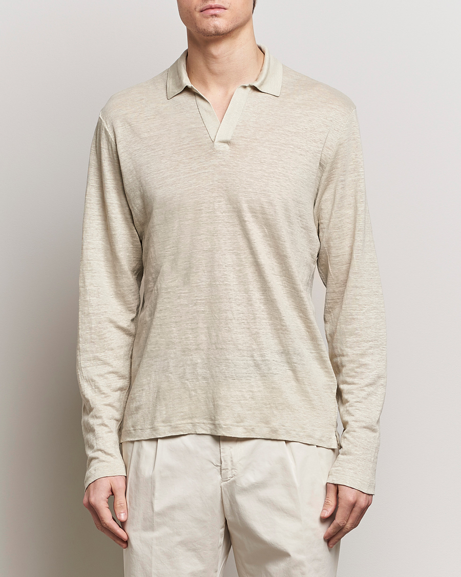 Herren | Poloshirt | Gran Sasso | Washed Linen Long Sleeve Polo Beige Melange