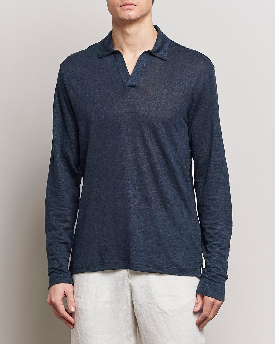 Herren | Kleidung | Gran Sasso | Washed Linen Long Sleeve Polo Navy